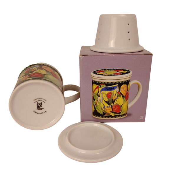 Tulips Hues and Brews Lidded Mug & Tea Infuser Insert Lid used as a coaster - Picture 4 of 7